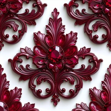Luxurious ruby red damask ornament with central gem on white background.