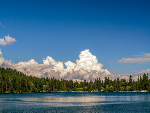 Calm Forest Lake Under Dramatic Cumulus Clouds and Clear Blue Summer Sky