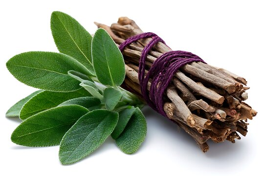 Fresh sage leaves and a bundle of dried roots tied with purple string, isolated on white background