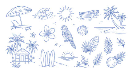 Hand drawn doodle beach and surf vector illustration set. Tropical coastal elements like palm trees, waves, surfboards, and sun perfect for summer designs, t-shirts, posters © Risfat