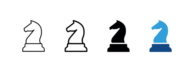 Chess knight icon. Strategy and board game sign. Tactical move and intelligence symbol. Thin chess piece pictogram. Blue knight illustration for gaming, competition and strategic thinking. © moroz_stock