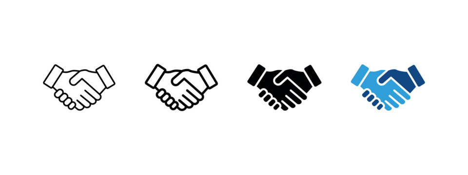 Handshake business icon. Partnership and agreement sign. Cooperation and mutual trust symbol. Thin handshake pictogram. Blue business illustration for teamwork, negotiation and successful deals.