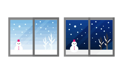 Fototapeta premium This is an illustration of a snowman and a winter window scene.
