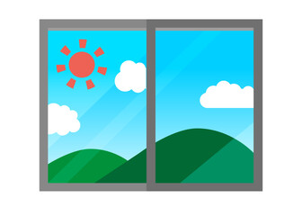 Fototapeta premium This is an illustration of mountains and a window.