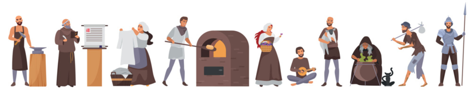 Various medieval people in traditional roles including blacksmith, monk, baker, musician, knight, and peasant, shown in historical clothing, isolated on white background vector illustration