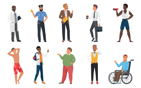 Collection of diverse male characters in various professions, outfits, and activities, including doctor, police officer, businessman, athlete, and wheelchair user, isolated vector illustration