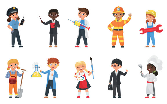 Children wearing various professional uniforms including police, doctor, firefighter, chef, scientist, artist, and more, representing career choices and job diversity, vector illustration