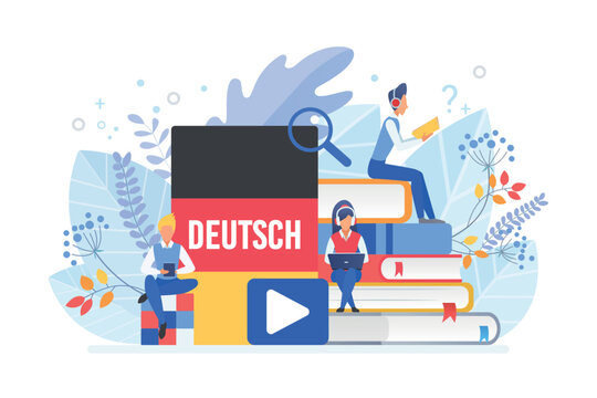 People studying German with books, digital devices, and headphones, highlighting modern language learning methods and resources, isolated on white background vector illustration