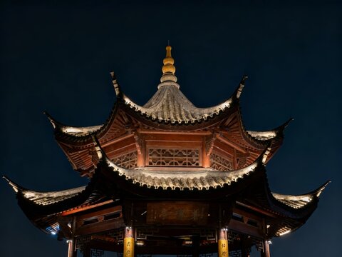 Illuminated traditional Chinese pavilion at night with uplit roof and ornate details