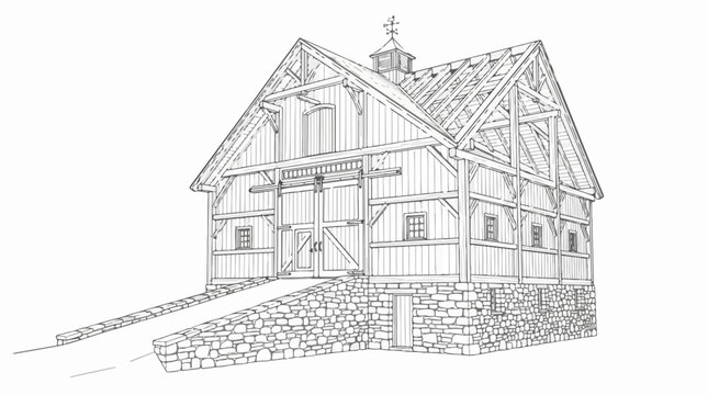 Architectural line art drawing of a rustic timber frame barn with stone base