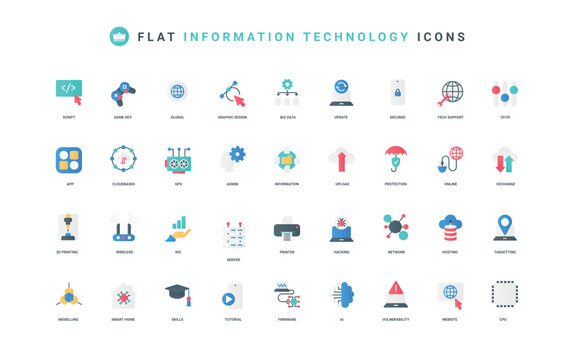 Information technology, network cybersecurity and tech support with AI, hardware color icon set. Server hosting, software code and game development, data exchange flat elements vector illustration