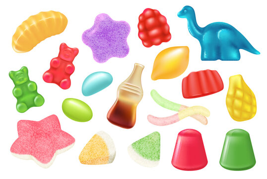 Various bright jelly candies including gummy bears, worms, fruit shapes, and cola bottle, perfect for sweet-themed designs, isolated on white background vector illustration