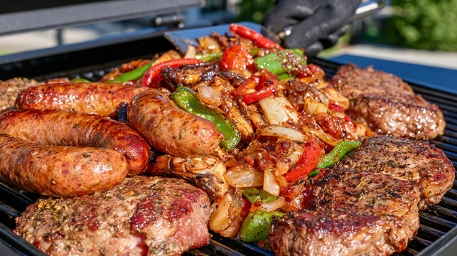 Rustic offset smoker grill in a backyard with smoked sausages, beef steaks and roasted vegetables, person wearing a black heat resistant glove scraping the greasy cooking grate with a heavy metal sc