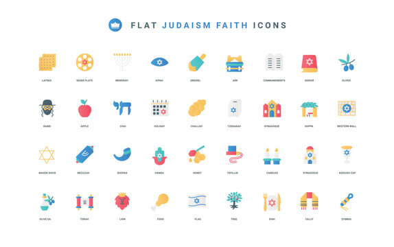 Synagogue and Torah ark, menorah and shofar, challah, chuppah thin vector illustration. Judaism, symbols of faith, Jewish culture and religion, food of holidays flat icon set