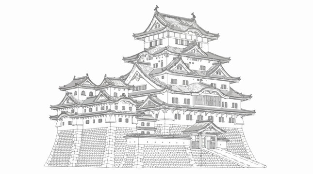 Traditional Japanese Castle Line Art Architecture Sketch on White