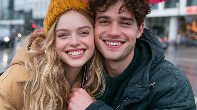 Happy young couple smiling closely together on a rainy city street in winter coats and hats.