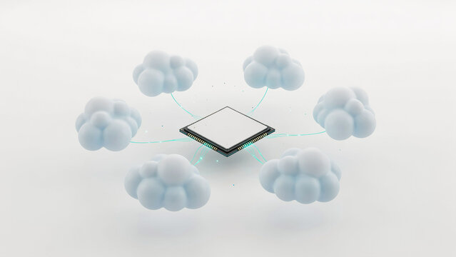 Modern microchip connected to multiple cloud icons representing cloud computing and data storage technology