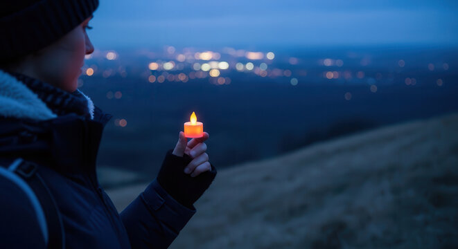 A person holding a glowing candle at dusk overlooking a cityscape with twinkling lights in the distance, evoking peaceful solitude and reflection during evening hours.