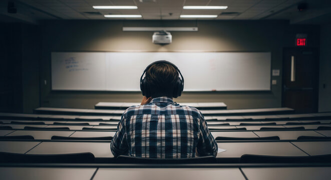 A young student sitting alone in a modern lecture hall with headphones on, focusing intently while surrounded by empty desks and a blank whiteboard in the background, creating a contemplative.