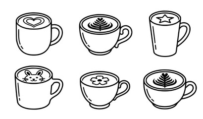 Obraz premium Coffee Cup and Latte Art Line Art Vector Icon Set Featuring Espresso Mugs, Heart Patterns, Flower Foams, Cappuccino Designs, and Cafe Menu Illustrations