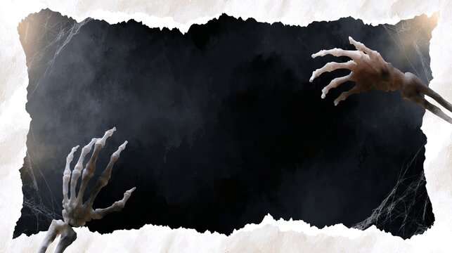Skeleton hands reaching from torn paper frame