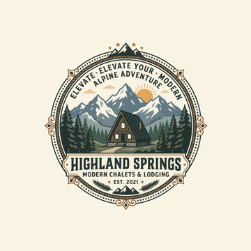 Circular Highland Springs Alpine Adventure Chalet Logo Design, Suitable for Modern Chalets, Mountain Lodging, Ski Resort, and Real Estate