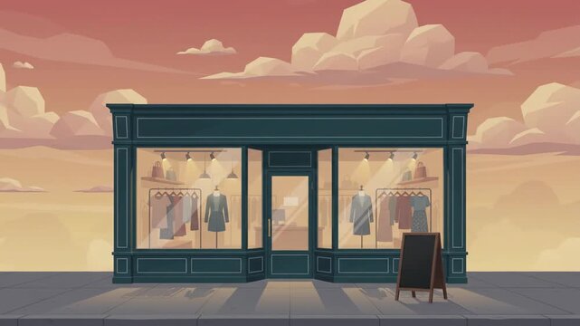 Illustration of a charming boutique storefront with clothing displays and a chalkboard sign at sunset, perfect for fashion and retail themes.