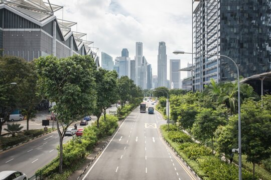 A tree-lined multi-lane road leads toward Singapore's downtown skyline, where modern glass skyscrapers rise under a partly cloudy sky, with buses and cars passing between lush greenery