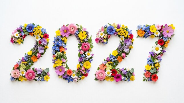 Year 2027 composed of bright colorful wildflower petals on a white background, botanical art, seasonal display