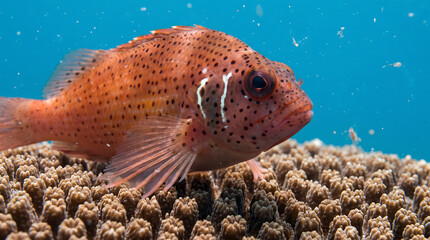 Fototapeta premium Red freckled hawkfish perching on hard coral in blue water