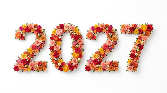The year 2027 created from warm red orange and yellow roses on a plain backdrop. Autumn floral date, vibrant numbers composition, new year greeting