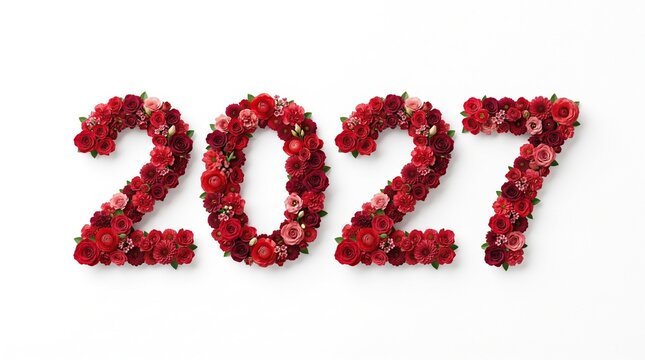 Warm toned roses form the number 2027 in a flat lay design on white. Festive orange red date, seasonal floral typography, greeting card background