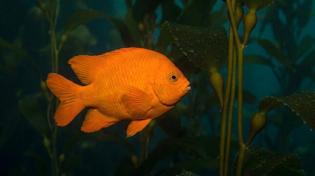 Bright orange garibaldi fish swimming in kelp forest underwater