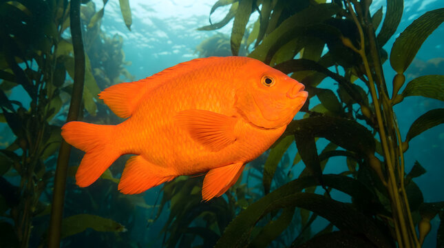 Bright orange garibaldi fish swimming past kelp forest sunlight