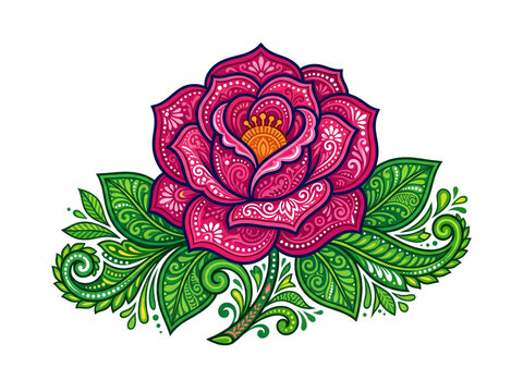 Vintage traditional tattoo rose design, ornate American traditional style, intricate floral illustration for henna stencil, t-shirt print, mandala coloring page