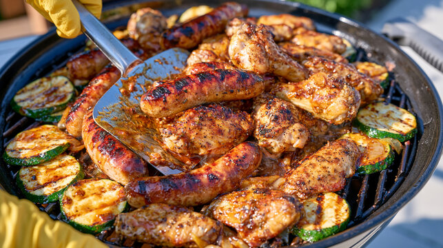 Bright summer backyard barbecue with a round charcoal grill full of sizzling bratwurst, chicken wings and zucchini slices, yellow gloved hand cleaning the cast iron grate using a broad stainless ste