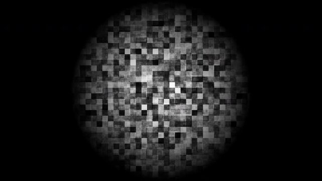 Monochrome pixel glitch sphere digital static noise abstract loop with flickering black and white square mosaic patterns on a dark background.