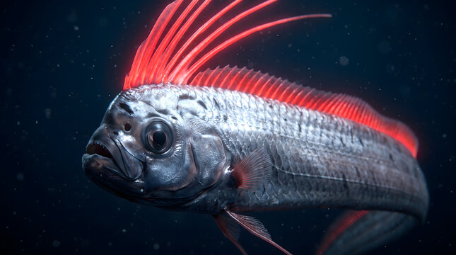 Rare deep sea oarfish with red dorsal fin in dark water