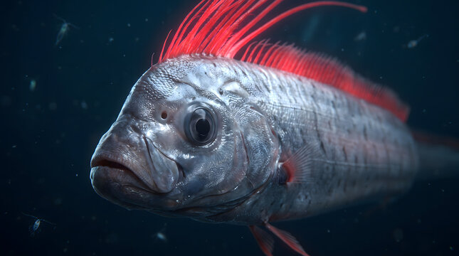 Close up portrait of deep sea oarfish head with red crest