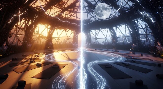 Abstract art featuring a split design showing day sun and night moon with geometric structure shapes