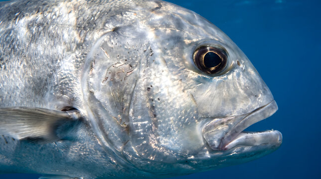 Giant trevally predator fish cruising near surface in open ocean