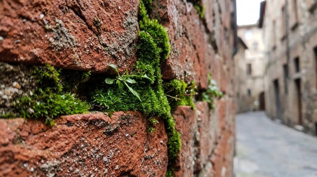 Close up of green moss growing out of cracks in an old red brick wall in a historic alleyway