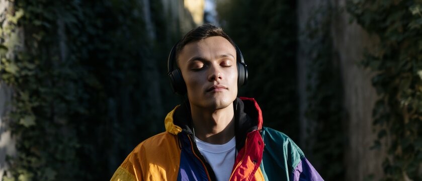 Man in colorful jacket listening to music with headphones outdoors