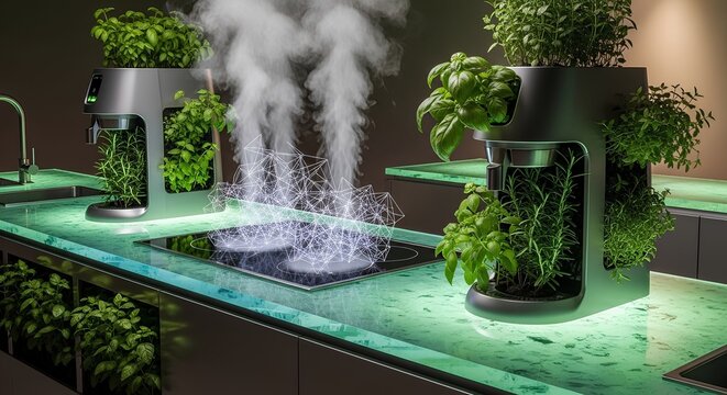 Fresh green herbs growing in modern smart indoor garden systems on a kitchen counter with steam