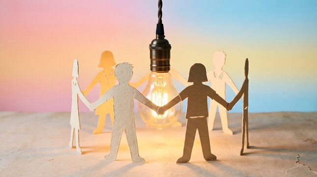 Paper people holding hands around a glowing light bulb