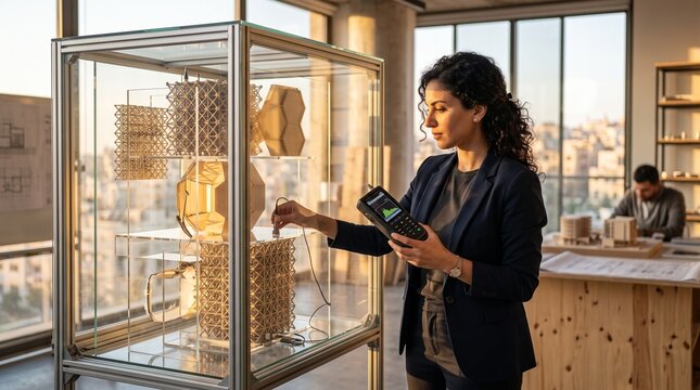Female engineer testing acoustic properties of 3D printed materials