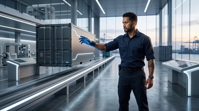 Man guiding magnetic container with futuristic technology in modern fa
