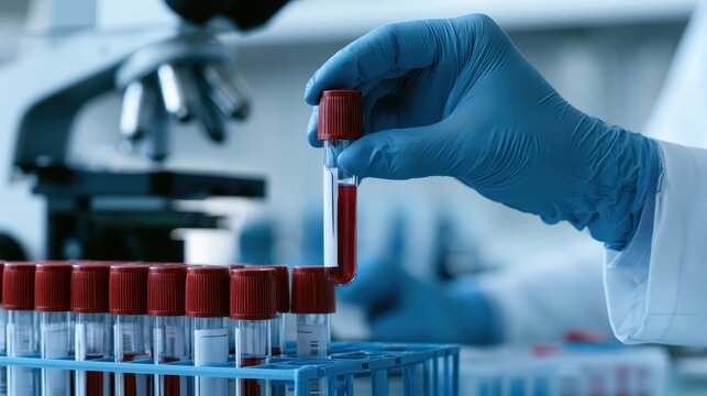 Laboratory technician holding test tube with blood sample near microscope in clinical research setting emphasizing healthcare and scientific innovation