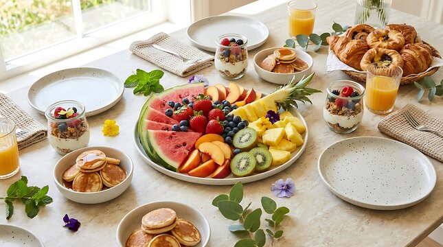 Fresh fruit platter with yogurt parfaits and pancakes on a bright breakfast table for a morning meal. ornamental meal display