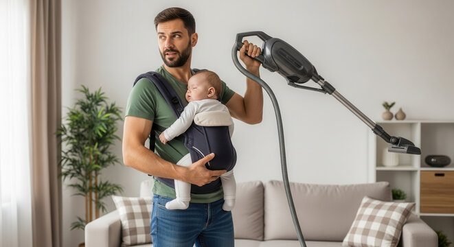 A busy modern father multitasks by vacuuming with a cordless upright cleaner while holding a baby securely in a front carrier during a tidy-up session in a bright, cozy living room filled.